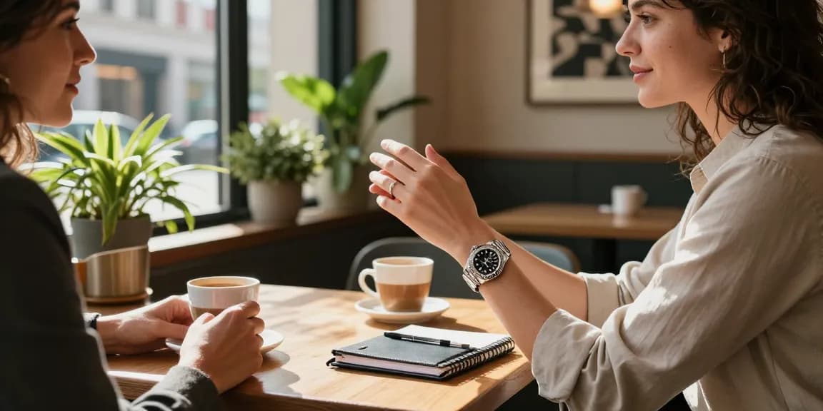 Rolex super clone watches showcased on a stylish wrist during a professional café meeting.