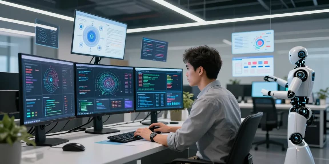 Professional data scientist utilizing agentic AI in a futuristic office environment with dynamic data visualizations and robotic assistance.