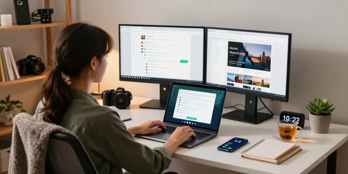 Using WhatsApp電腦版 on a modern desk with dual monitors and cozy ambiance.