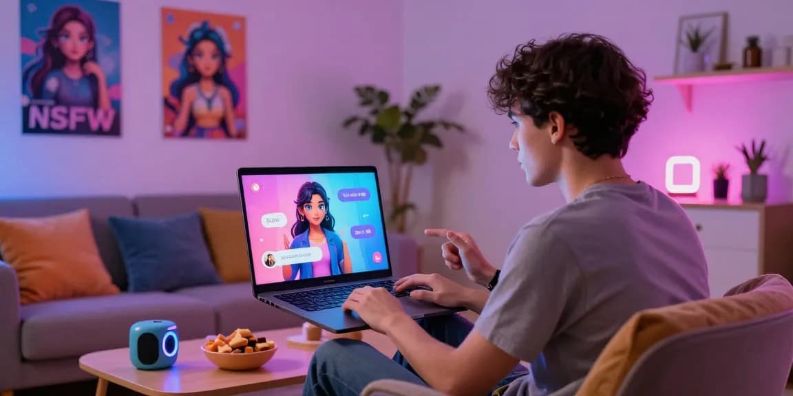 Engaging NSFW AI chat scene showcasing a user in a vibrant home setting interacting with an AI character on a laptop screen.