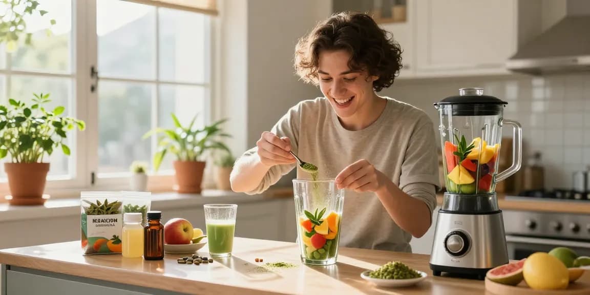 Their kratom for energy showcased in a vibrant kitchen scene with smoothies and kratom products.