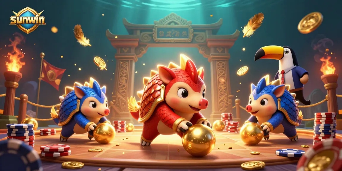 Compete in thrilling games with sunwin as rival pangolins battle in a vibrant casino scene.