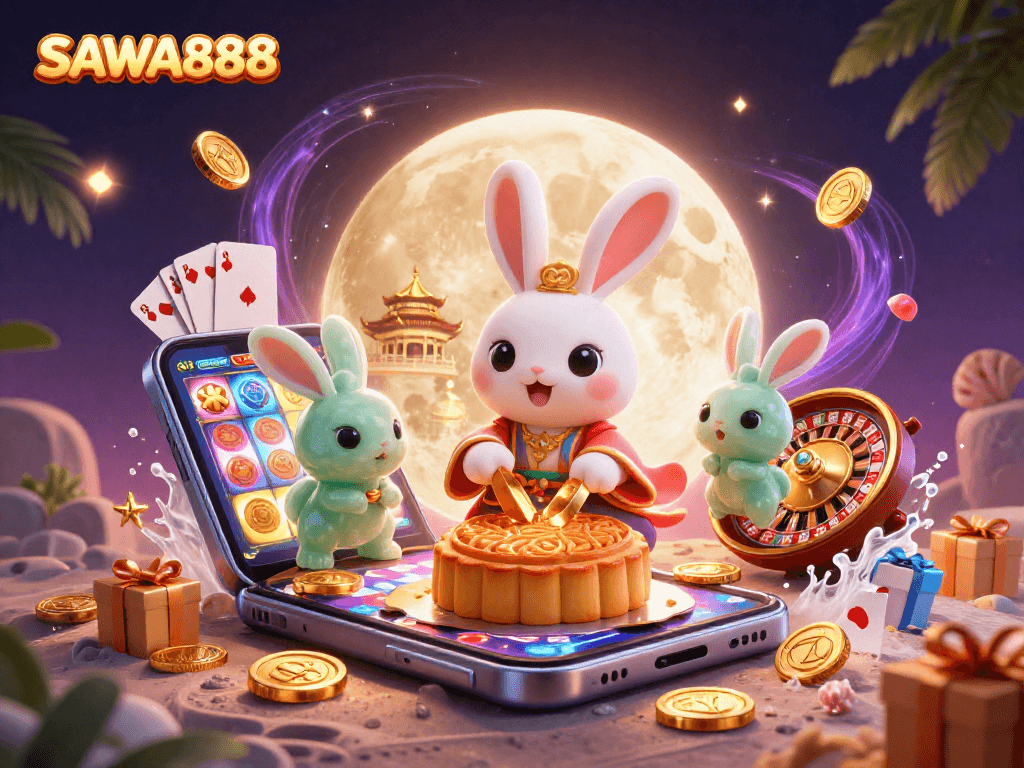 Experience SAWA888's vibrant world of slots with cartoon moon rabbit, poker chips, and exciting game elements!