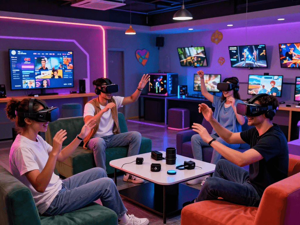 Engaged players exploring 3D sex games in a vibrant VR lounge.