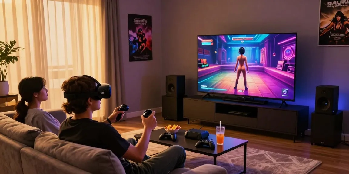 Interactive sex simulator gaming session with vibrant graphics and cozy atmosphere
