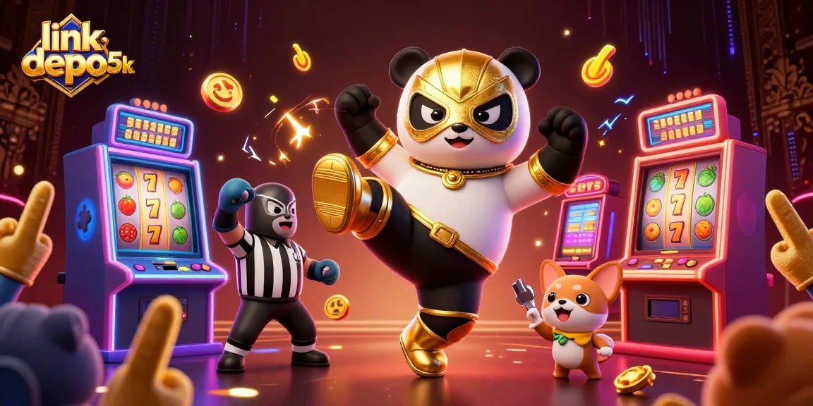 Experience the excitement of link depo 5k in a vibrant 3D digital casino illustration full of action and characters.