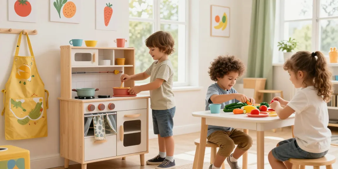 Children in a play kitchen, stirring pretend food and arranging toy vegetables in a vibrant playroom.