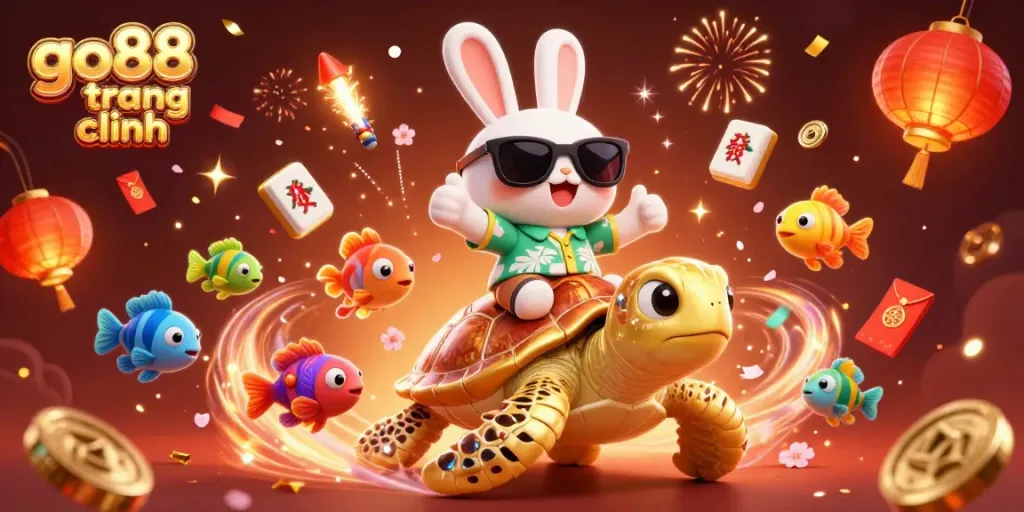 Engage with go88 trang chính in an exciting 3D illustration featuring a lucky rabbit and golden turtle.