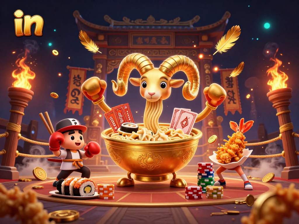 Engage in thrilling gameplay with a golden ramen bowl dealer in a vibrant Asian casino.