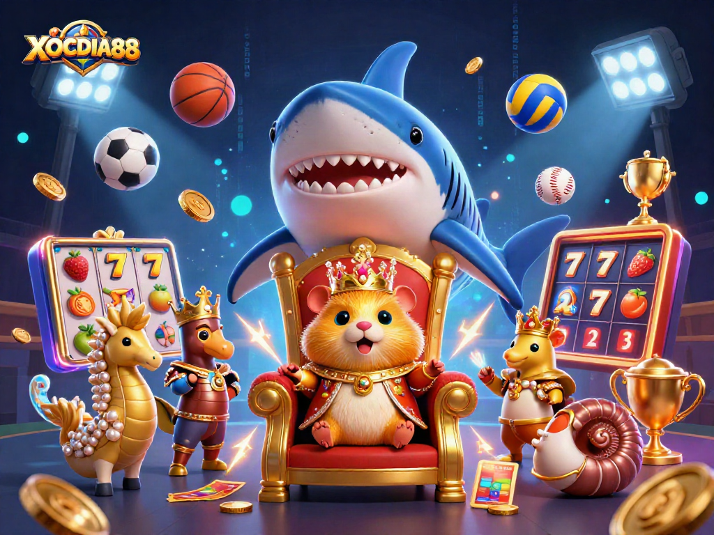 Engaging illustration of XOCDIA88 showcasing the fierce golden hamster king in a vibrant casino environment.