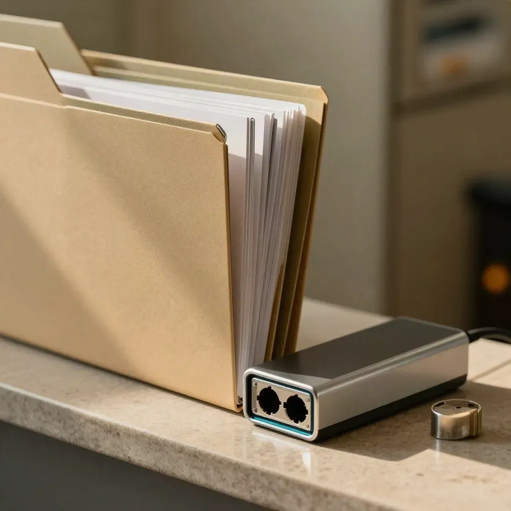 Closed folders, metal clips, a compact dock and adapter cap on stone with dark bokeh.