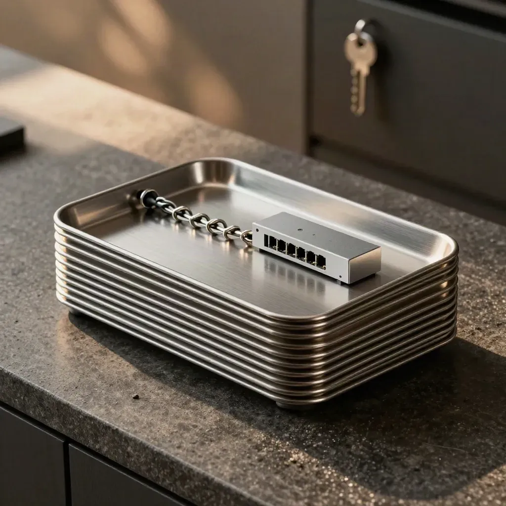 Stacked silver task trays, cable rings and a relay module on dark stone in dramatic studio light.
