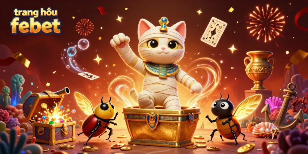 Experience the excitement at trang chủ febet with our engaging cartoon scene featuring a mummy cat and glowing characters.