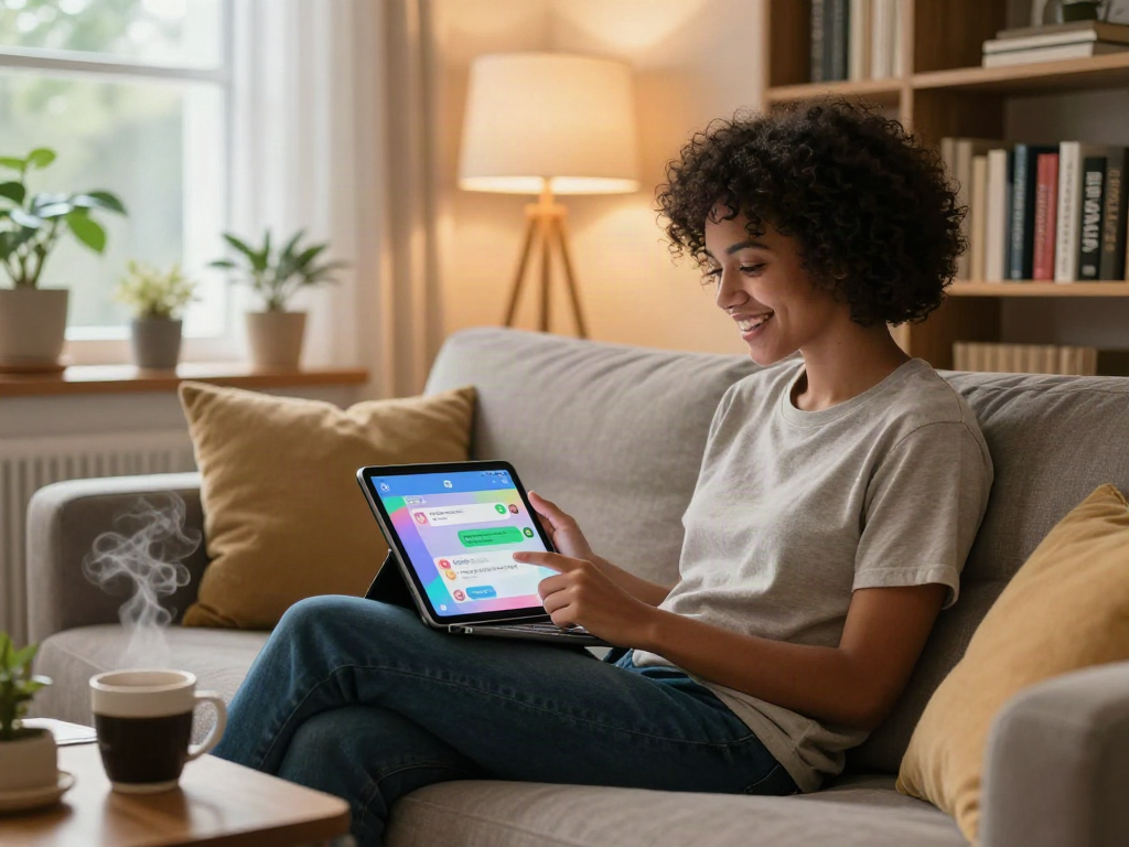 AI porn chat scene in a cozy living room with engaging conversation on a tablet.