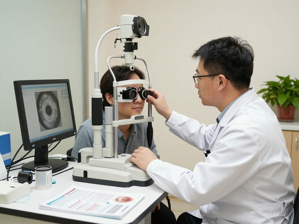 Patient discussing retinal disorder treatment options with an eye doctor in a modern clinic setting.