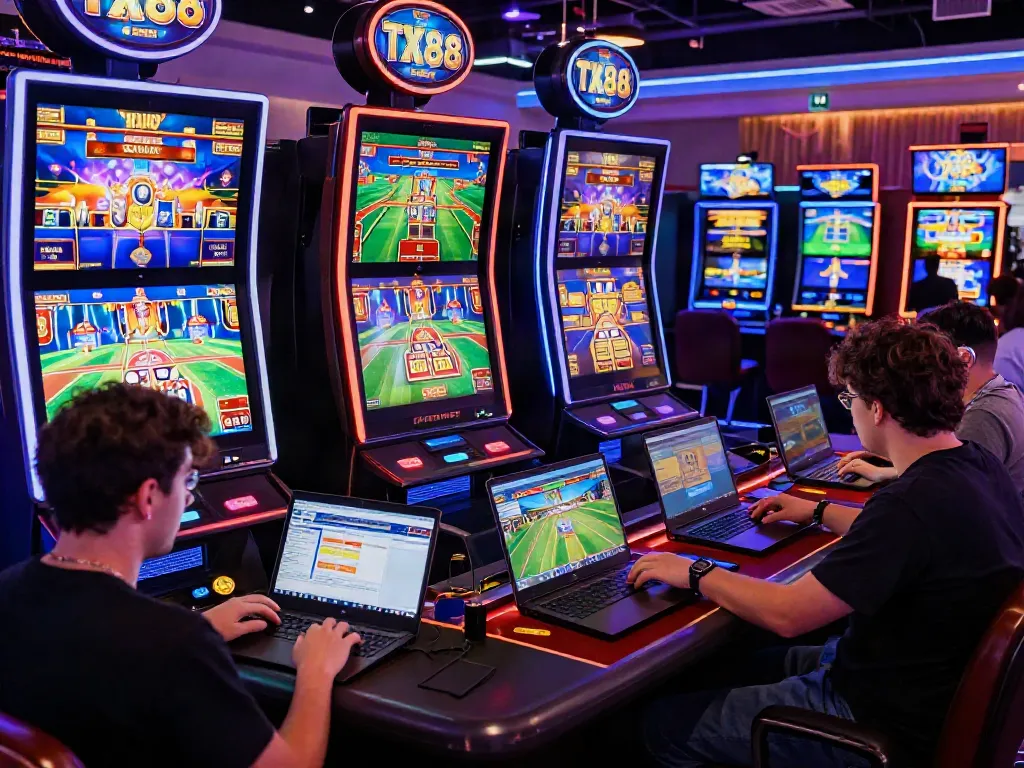 Exciting online gaming scene with players enjoying diverse games at TX88, a premier online gambling platform.