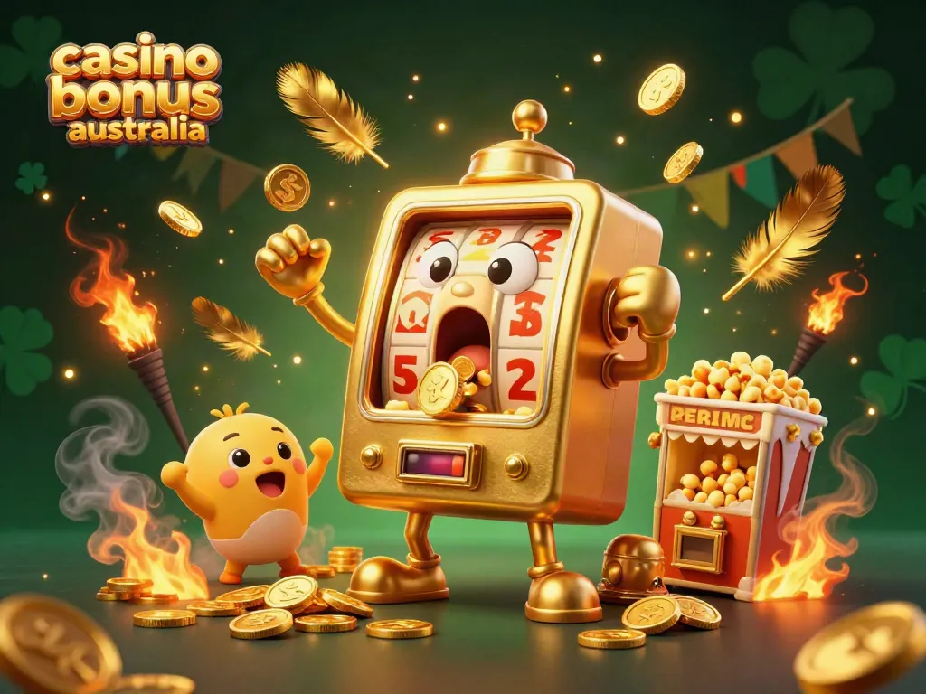 Experience the thrill of a casino bonus in Australia with our joyful slot machine characters celebrating jackpots and coins falling!