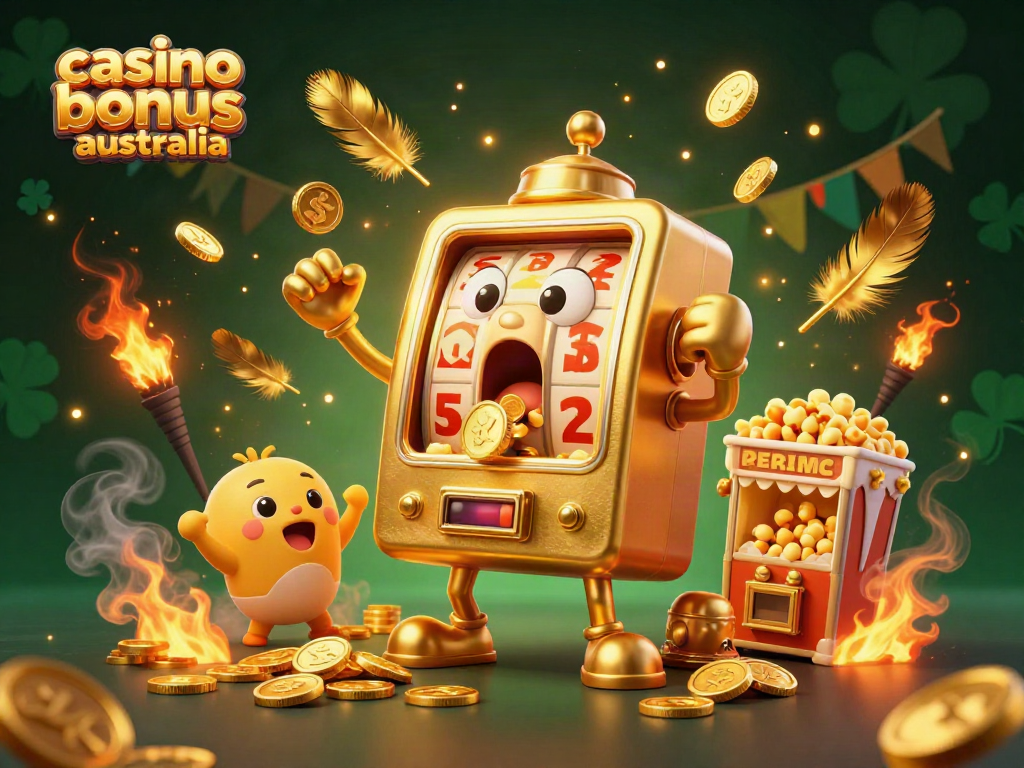 Experience the thrill of a casino bonus in Australia with our joyful slot machine characters celebrating jackpots and coins falling!
