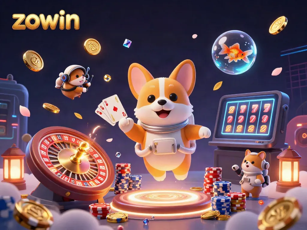 Experience the vibrant action of Zowin's space casino with a floating astronaut corgi and dynamic gaming elements.