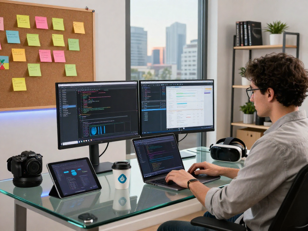 开发者在现代办公桌上使用WPS Office进行编程，环境明亮充满科技感