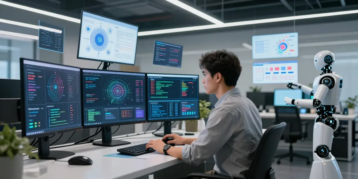 Professional data scientist utilizing agentic AI in a futuristic office environment with dynamic data visualizations and robotic assistance.