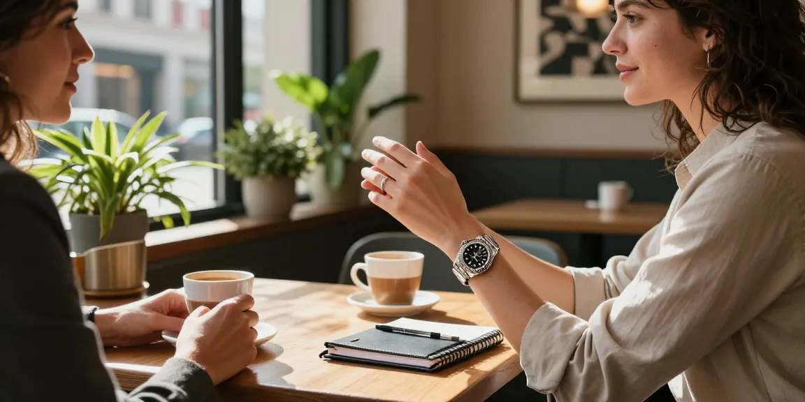Rolex super clone watches showcased on a stylish wrist during a professional café meeting.
