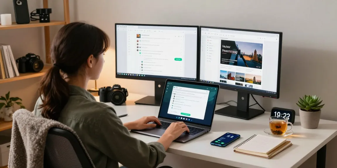 Using WhatsApp電腦版 on a modern desk with dual monitors and cozy ambiance.