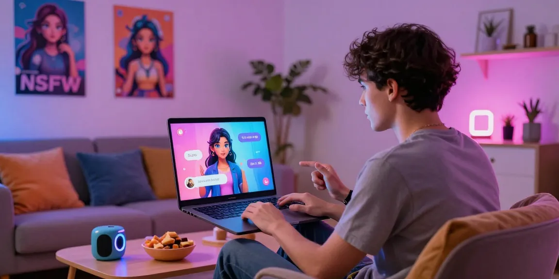 Engaging NSFW AI chat scene showcasing a user in a vibrant home setting interacting with an AI character on a laptop screen.