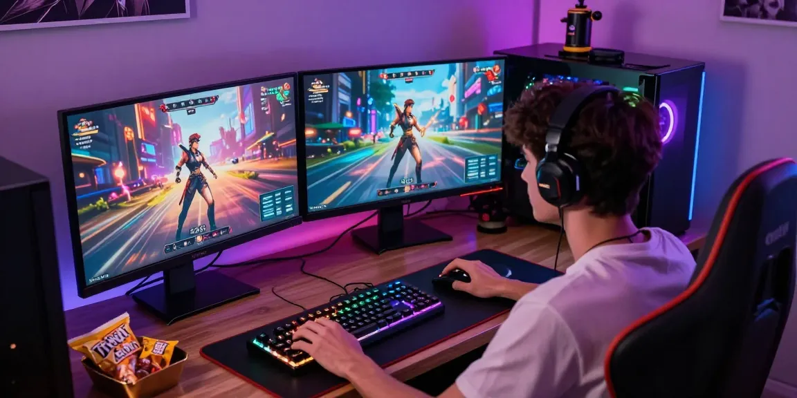 Immersive gaming setup showcasing a player engaging with a hentai game on dual monitors for an exciting adult gaming experience.