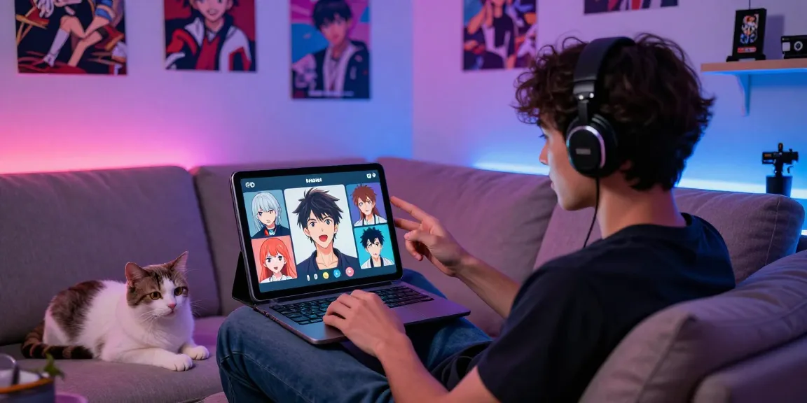 Immersive ai ecchi chat scene with user engaging an AI character on a tablet in a cozy room.