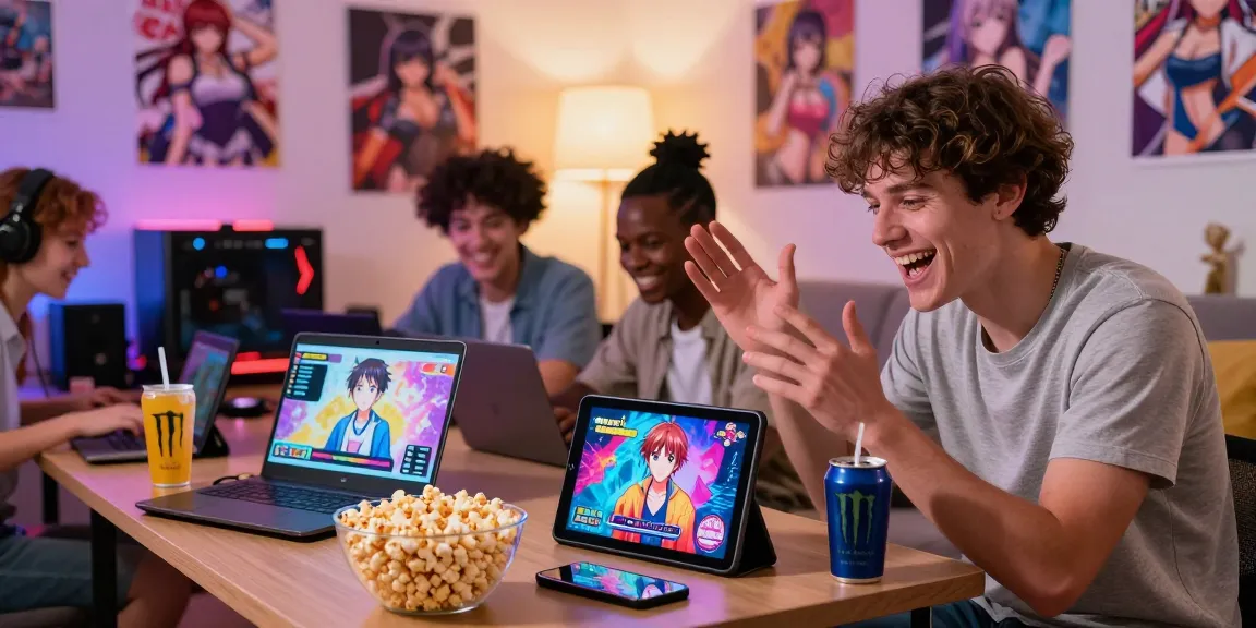 Friends enjoying ecchi games in a cozy setting with multiple devices and snacks.