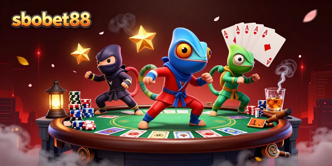 Sbobet88 showcases ninja chameleons in dynamic martial arts poses amidst poker action