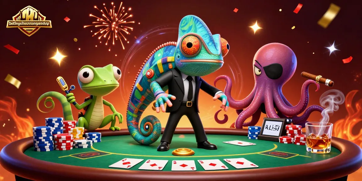 BettingSitesNotOnGamStop illustration showcases a chameleon and gecko at a poker table with vibrant casino elements.